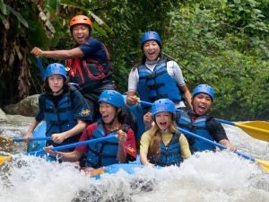 Group of tourists rafting on Ayung River Ubud Bali Feature